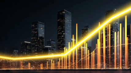Animated financial data overlays a city skyline at night, featuring glowing bars rising above modern skyscrapers - Powered by Adobe