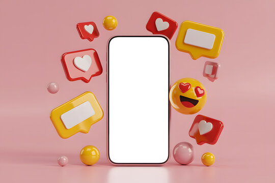 Social Media Engagement Icons Surrounding a Blank Smartphone Screen