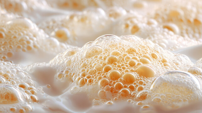 Close-up of golden bubbles in frothy creamy liquid creating a textured and visually appealing surface