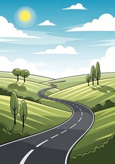 Scenic route amid rolling hills with a winding asphalt road ahead