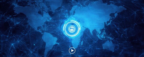 Blue digital world map with glowing central target and network connections