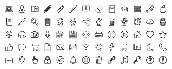 Education, business, and technology line icon set. Vector pictograms of pencil, book, laptop, diploma, cloud, shopping cart, email, and lock, thin linear illustration.