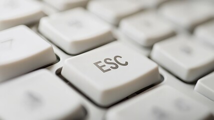 Closeup of the escape key on a white computer keyboard, providing a clear view of the keys label and its position among the other keys