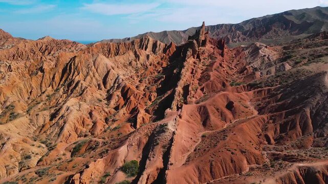 Skazka Canyons or so called Fairytale Canyons surrounded view, in drone point of view in Issyk-Kul region near the lake