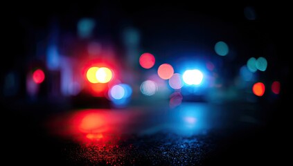 Blurry street scene at night with red and blue bokeh lights reflecting on wet pavement