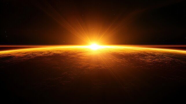 A breathtaking view of a planet glowing with golden light, its surface illuminated by a radiant sunrise, creating a stunning cosmic landscape