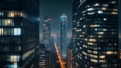 Dense metropolitan core viewed between illuminated skyscrapers at night