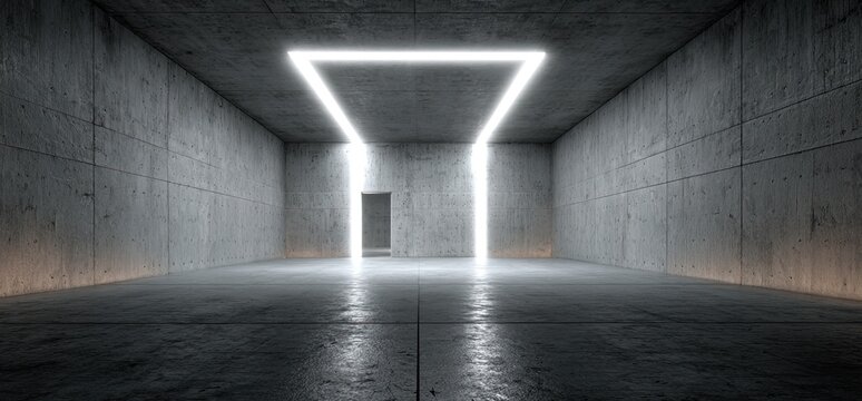 Concrete room with neon square portal and door