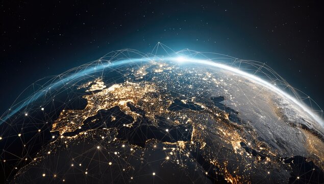 Europe at night from space, illuminated cities, connected by a network