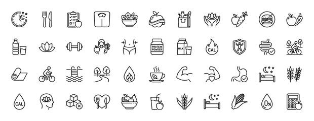 Health and wellness line icon set. Vector pictograms of weight scales, healthy food, sleep, fitness, hydration, diet, calories, yoga, and exercise, thin linear illustration.