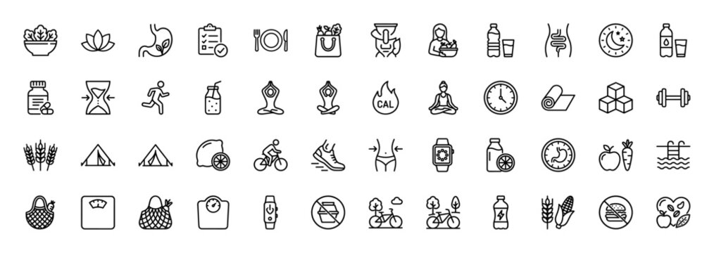 Healthy lifestyle line icon set. Vector pictograms of a salad bowl, yoga poses, dumbbell, runner, water bottle, scale, bicycle, and sleep, thin linear illustration.