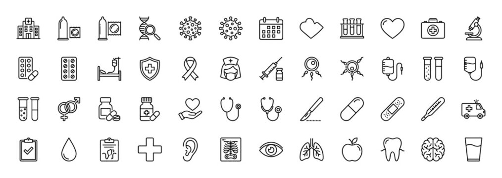 Medical healthcare line icon set. Vector pictograms of hospital, virus, DNA, heart, medicine, syringe, stethoscope, ambulance, X-ray, brain, and lungs, thin linear illustration.