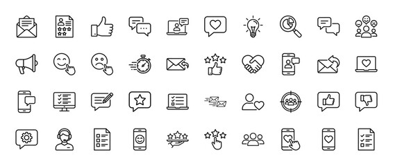 User experience and feedback line icon set. Vector pictograms of thumbs, messages, stars, user profiles, communication bubbles, and checklists, thin linear illustration.
