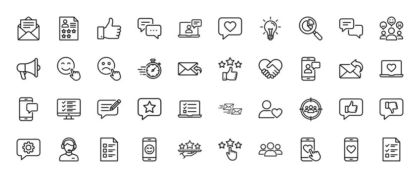 User experience and feedback line icon set. Vector pictograms of thumbs, messages, stars, user profiles, communication bubbles, and checklists, thin linear illustration.
