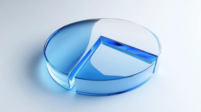 A transparent blue glass pie chart, with one slice removed, casting a soft shadow on a white surface, symbolizing data analysis and statistics