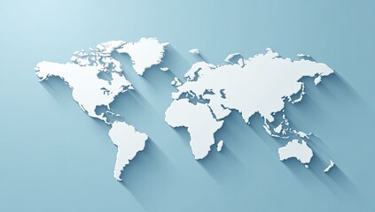 Naklejka premium World map projection in white relief on a light blue background with long shadows
