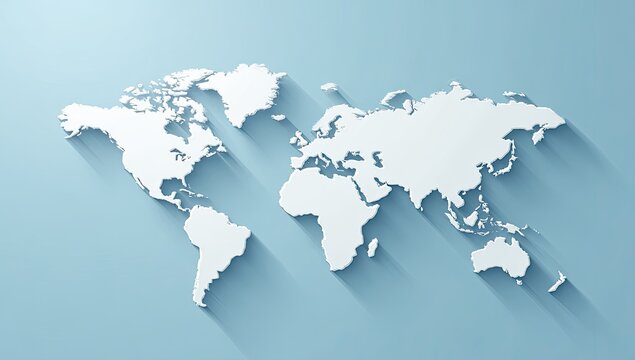 World map projection in white relief on a light blue background with long shadows