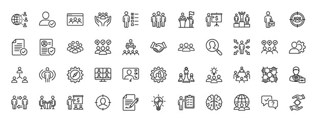 Human resources and business management line icon set. Vector pictograms of teamwork, recruitment, strategy, meeting, and career development, thin linear illustration.