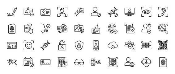 Identity and security line icon set. Vector pictograms of face, fingerprints, ID cards, passports, data, and DNA, thin linear illustration.