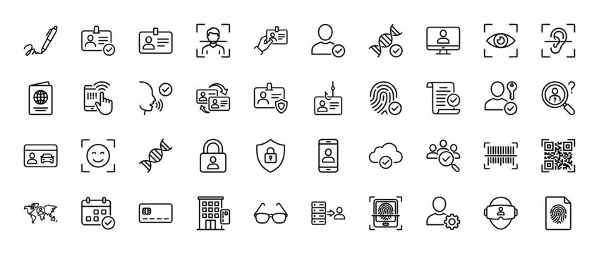 Identity and security line icon set. Vector pictograms of face, fingerprints, ID cards, passports, data, and DNA, thin linear illustration.