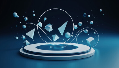 Floating geometric crystals above platform, futuristic digital scene with glowing blue background.
