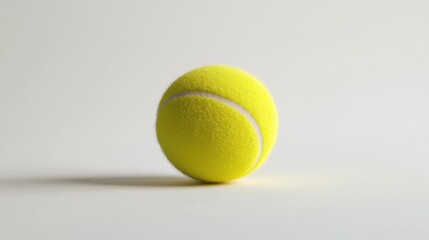 A closeup shot of a vibrant yellow tennis ball isolated on a clean white background, showcasing its texture and curved white line, casting a subtle shadow