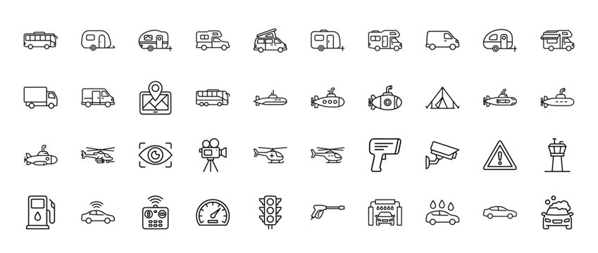 Transportation and travel line icon set. Vector pictograms of camper vans, trailers, buses, submarines, helicopters, surveillance cameras, car wash, and gas pump, thin linear illustration.