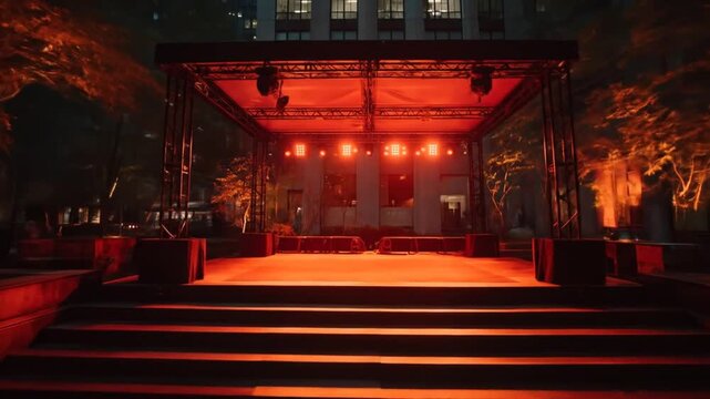 Urban outdoor event stage glowing with powerful red lights at night, ready for music, performance, or public gathering