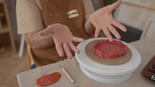 Man potter hands open palms shaping red clay on a rotating wheel in a pottery studio, wearing brown apron and using sculpting tools; concentration craft patience.