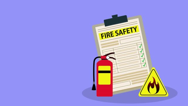 Fire fighting checklist. Extinguisher and paper tablet with checkmarks. Document at clipboard. Firefighting safety. Flame prevention checklist page. Extinguishing guidance
