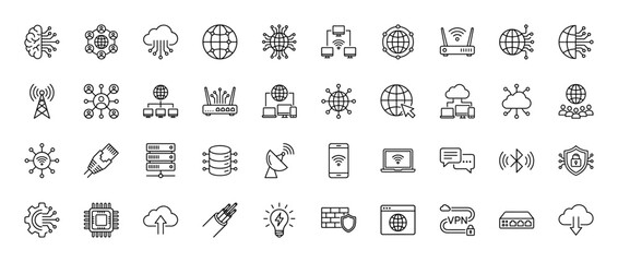Technology and network line icon set. Vector pictograms depicting global connections, data storage, cloud computing, wireless devices, and cybersecurity, thin linear illustration.