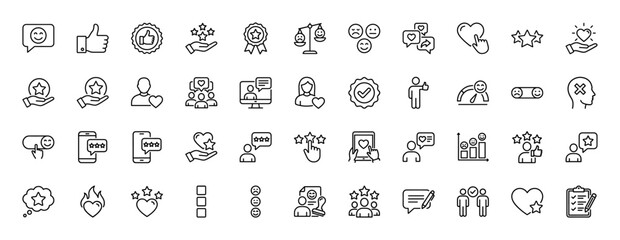 Customer feedback and satisfaction line icon set. Vector pictograms of thumbs up, stars, happy faces, hearts, speech bubbles, user profiles, and quality badges, thin linear illustration.