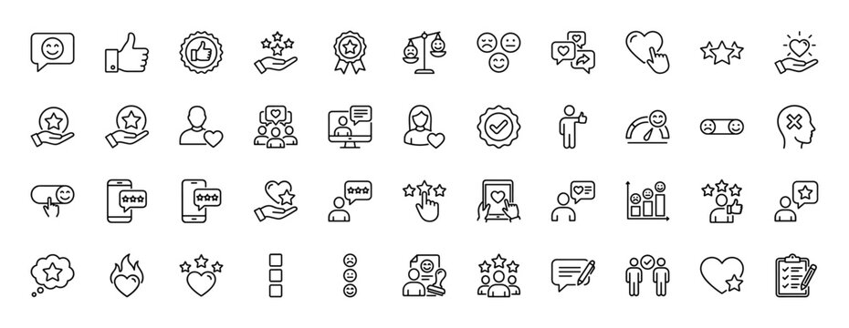 Customer feedback and satisfaction line icon set. Vector pictograms of thumbs up, stars, happy faces, hearts, speech bubbles, user profiles, and quality badges, thin linear illustration.