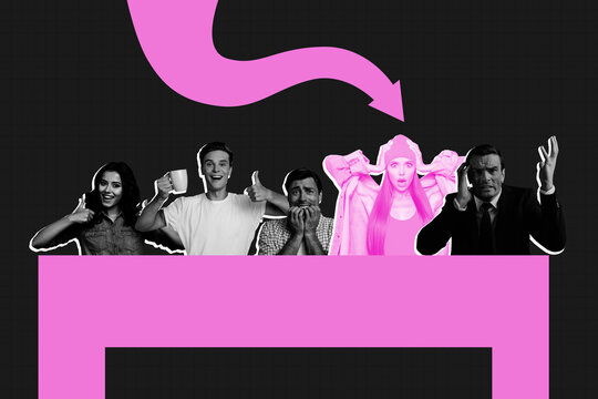 Composite 3d art pop image collage of business partners women men emotions arrow point individuality society teamwork job