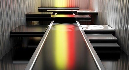 Modern architectural exhibition space with tiered platforms and lighting