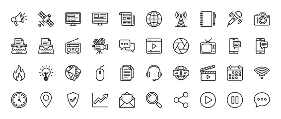 Fototapeta premium Communication and media line icons. Features key devices: newspaper, globe, camera, microphone, smartphone, radio, and essential digital, business, security, social symbols.
