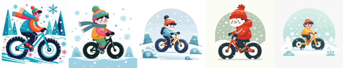 little boy riding a fatbike on a snowy road