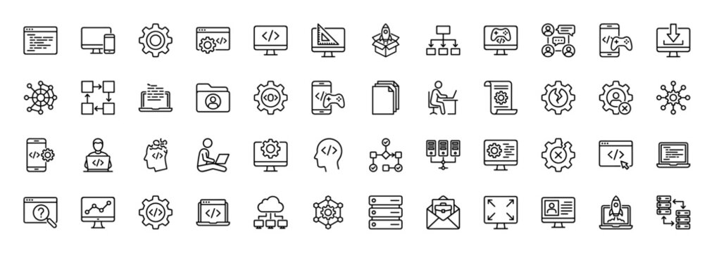 Software development line icon set. Vector pictograms of coding monitors, responsive design, data flow, server, cloud, database, and programming, thin linear illustration.