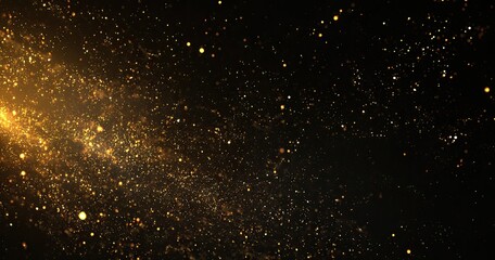 Shimmering golden particles scatter across a dark background, catching light