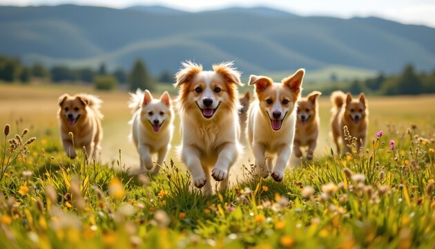 In this serene scene, a group of five dogs are joyfully running in an open field, with a backdrop of mountains under a clear sky.