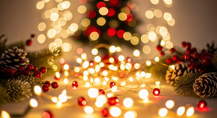Festive Christmas lights with pine cones and red berries creating a warm holiday atmosphere perfect for seasonal backgrounds