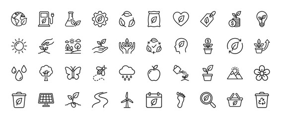Eco-friendly line icon set. Vector pictograms of heart, recycle, globe, plant, sun, tree, water, wind turbine, solar panel, butterfly, apple, thin linear illustration.