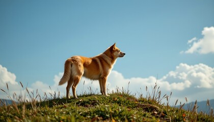 A dog standing in a grassy field under a clear blue sky with few clouds. The dog appears to be medium sized with a brown coat, looking alertly towards the viewer