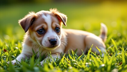 A small dog sitting in the grass. The dog appears to be a puppy with short fur and a curious expression