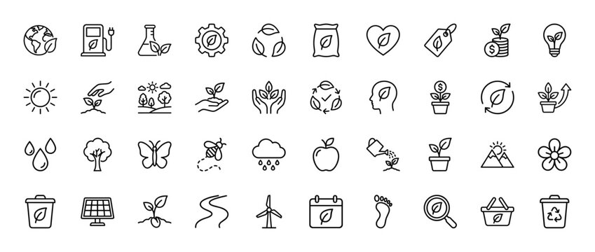 Eco-friendly line icon set. Vector pictograms of heart, recycle, globe, plant, sun, tree, water, wind turbine, solar panel, butterfly, apple, thin linear illustration. - Powered by Adobe