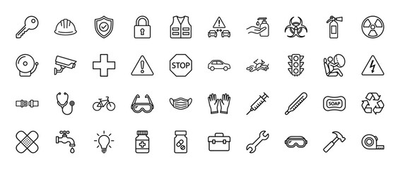 Safety, health, and industry pictogram icon set. Vector pictograms of shield, hard hat, wrench, toolbox, traffic light, and car, thin linear illustration.