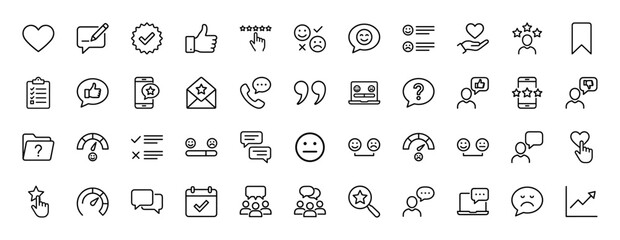 Customer feedback and review line icon set. Vector pictograms of satisfaction, rating stars, emoticons, chat bubbles, user interaction, and surveys, thin linear illustration.