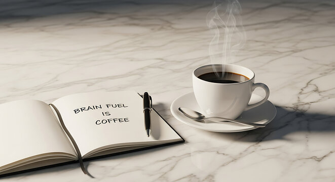 Inspirational quote about coffee being brain fuel written in a journal next to a steaming hot cup of black coffee on a marble tabletop