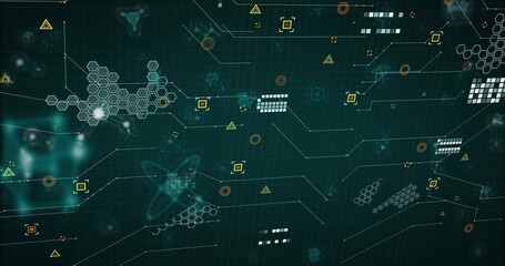 Displaying future HUD on dark teal grid, showing hex clusters, connector traces, square nodes