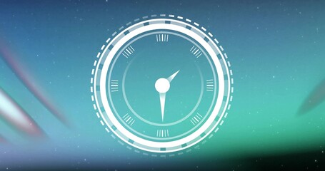 Displaying white HUD dial rotating over cosmic backdrop with rings and pointer hands